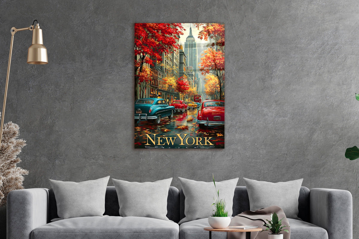Autumn New York Vintage Cars Glass Wall Art on the wall
