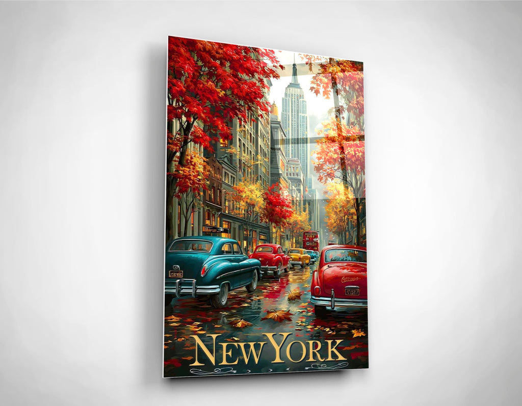 Autumn New York Vintage Cars Glass Wall Art close-up