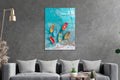Colorful Rowing Boats Aerial Glass Wall Art in a living room interior