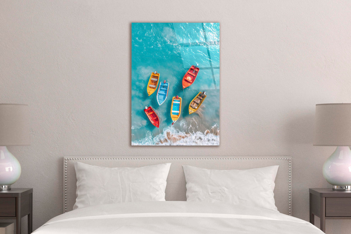 Colorful Rowing Boats Aerial Glass Wall Art in a modern interior