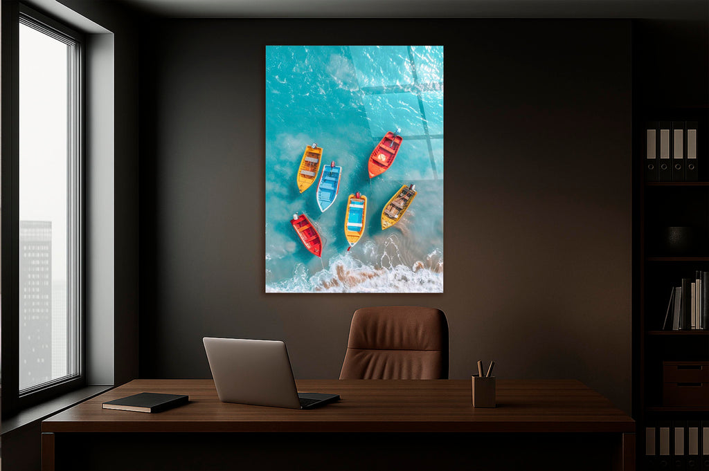 Colorful Rowing Boats Aerial Glass Wall Art on the wall