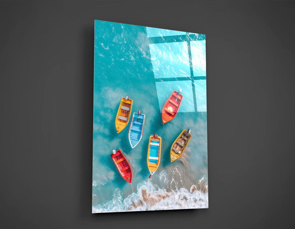 Colorful Rowing Boats Aerial Glass Wall Art close-up