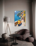 Amalfi Coast Yellow Scooter Glass Wall Art in a living room interior