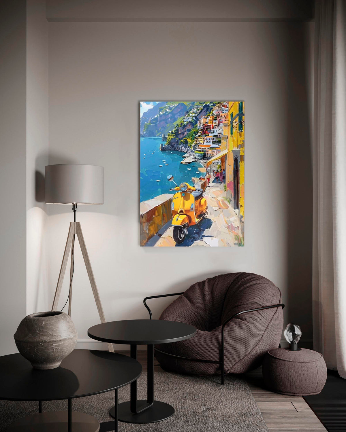 Amalfi Coast Yellow Scooter Glass Wall Art in a living room interior