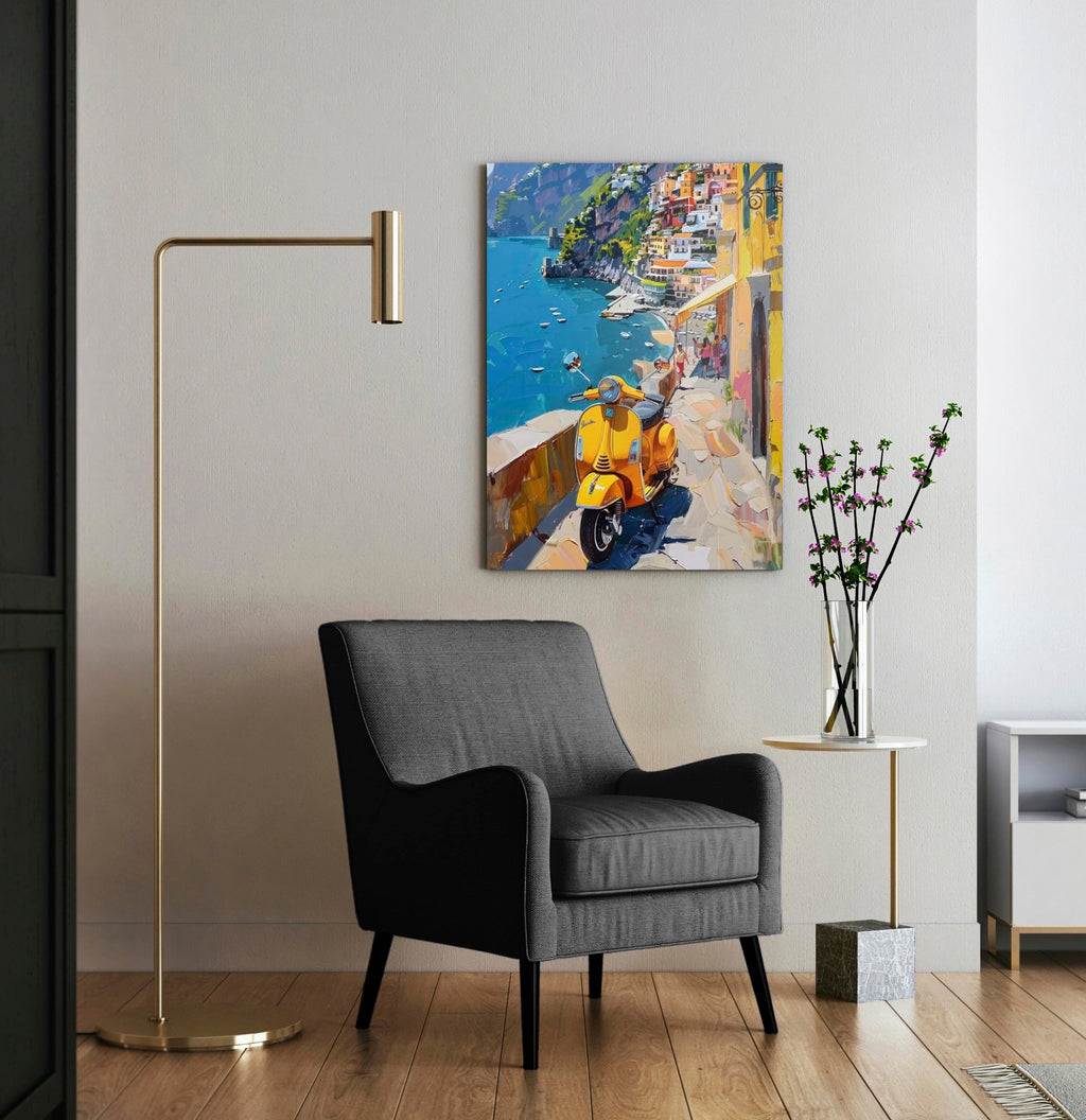 Amalfi Coast Yellow Scooter Glass Wall Art in a modern interior