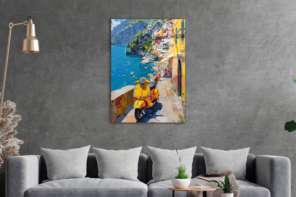 Amalfi Coast Yellow Scooter Glass Wall Art on the wall
