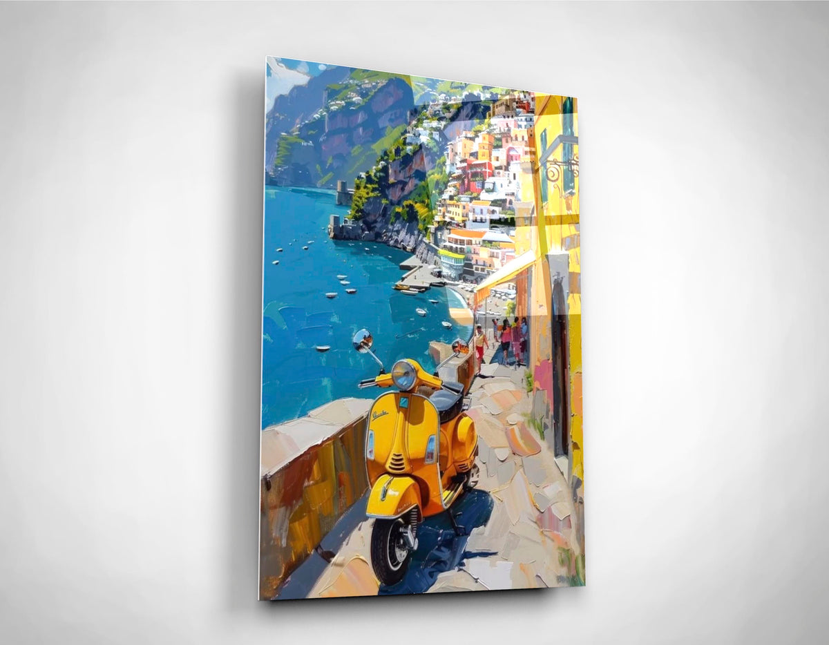 Amalfi Coast Yellow Scooter Glass Wall Art close-up