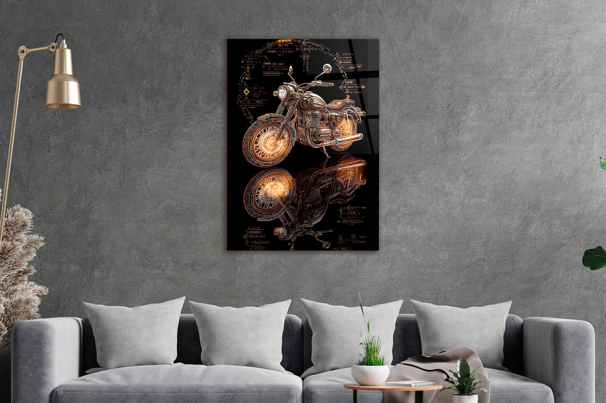Golden Blueprint Motorcycle Glass Wall Art in a living room interior