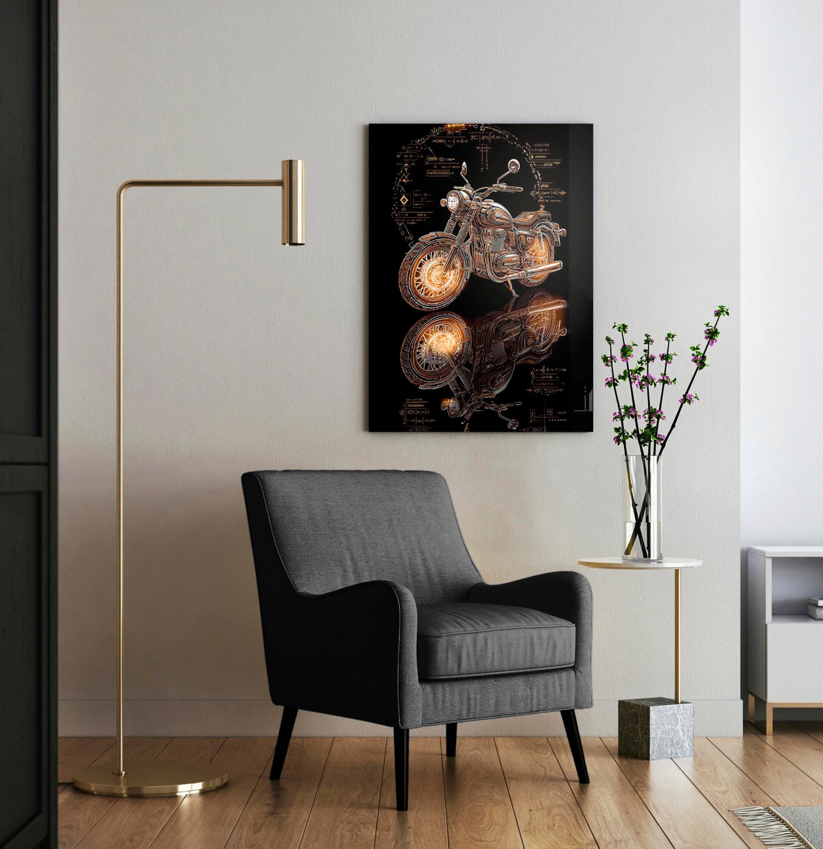 Golden Blueprint Motorcycle Glass Wall Art in a modern interior