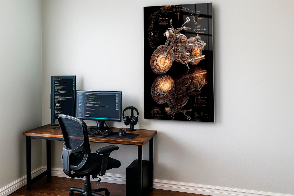 Golden Blueprint Motorcycle Glass Wall Art on the wall