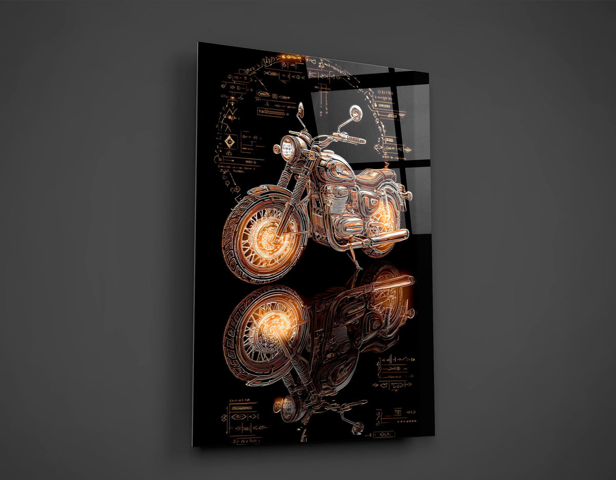 Golden Blueprint Motorcycle Glass Wall Art close-up