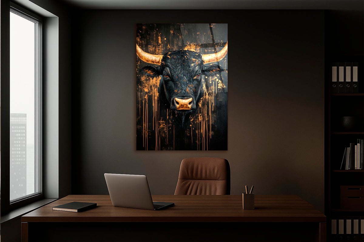 Black and Gold Bull Glass Wall Art in a living room interior