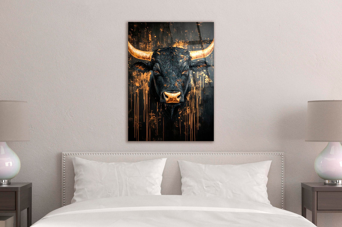 Black and Gold Bull Glass Wall Art in a modern interior