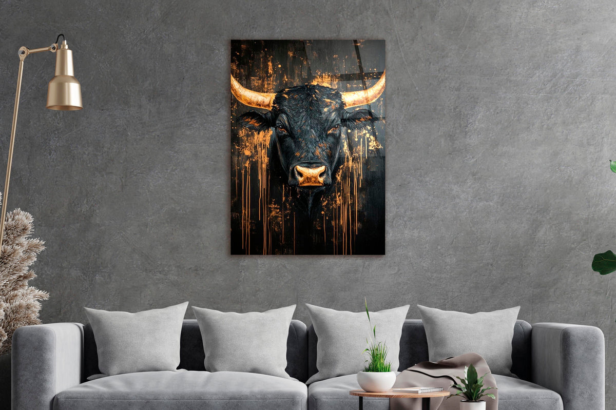 Black and Gold Bull Glass Wall Art on the wall