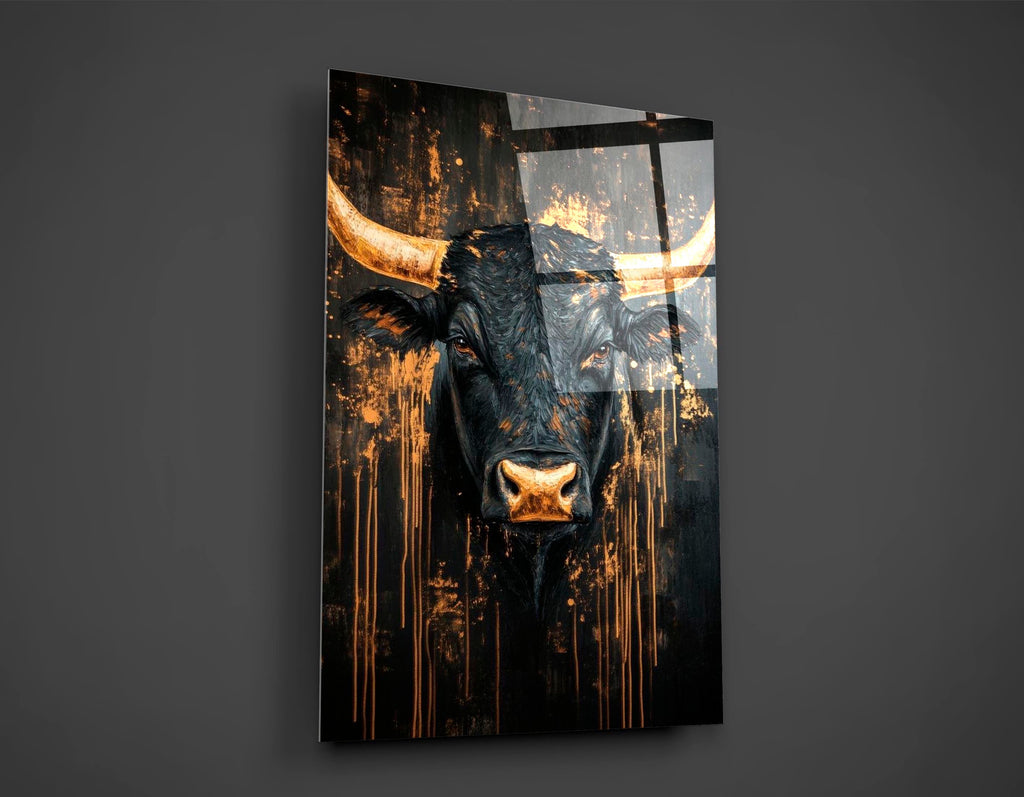 Black and Gold Bull Glass Wall Art close-up