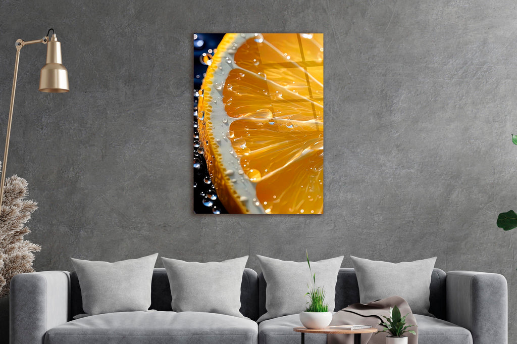 Lemon Slice Macro Glass Wall Art in a living room interior