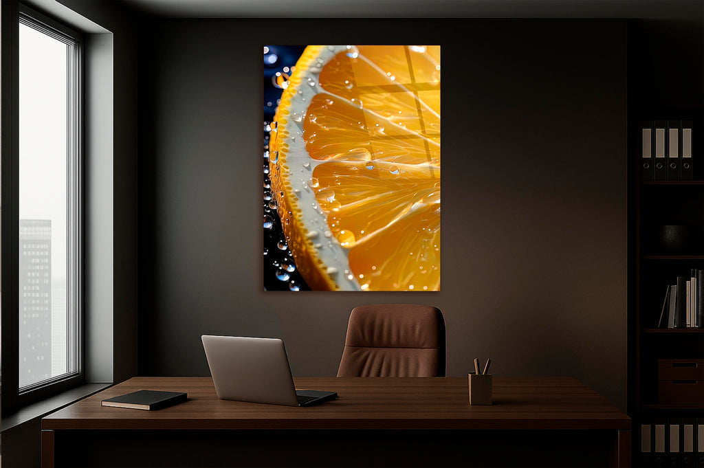 Lemon Slice Macro Glass Wall Art on the wall