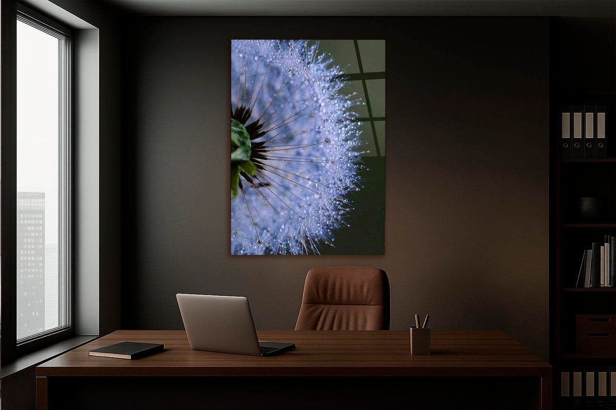 Lavender Dandelion Macro Glass Wall Art in a living room interior