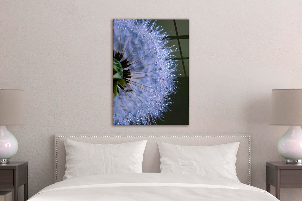 Lavender Dandelion Macro Glass Wall Art in a modern interior