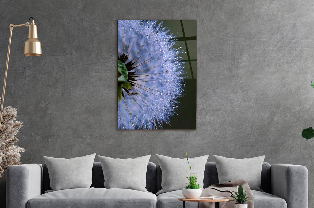 Lavender Dandelion Macro Glass Wall Art on the wall