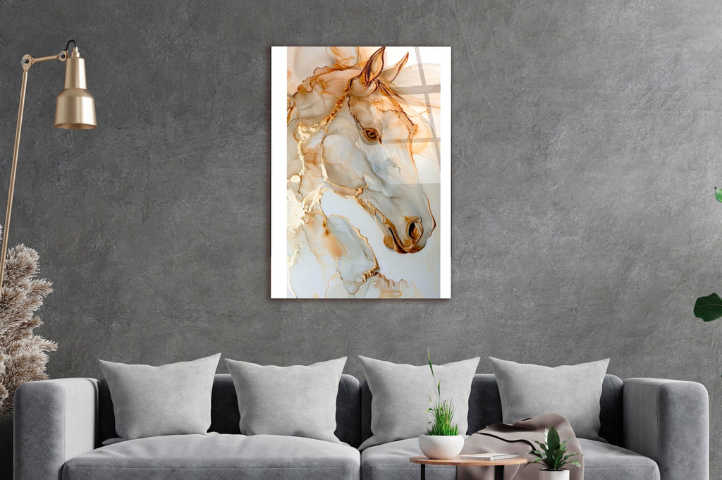 Gold Marble Horse Glass Wall Art in a living room interior