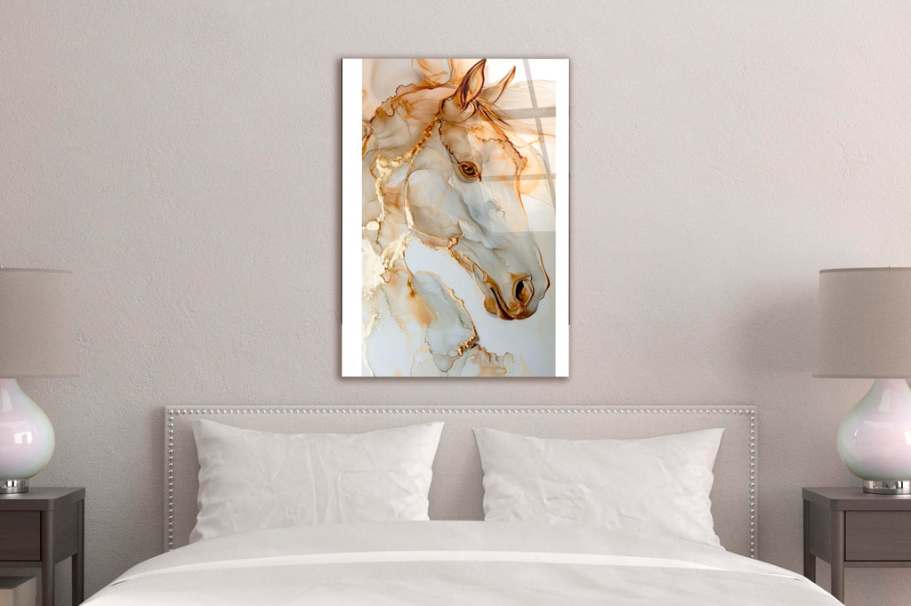 Gold Marble Horse Glass Wall Art in a modern interior