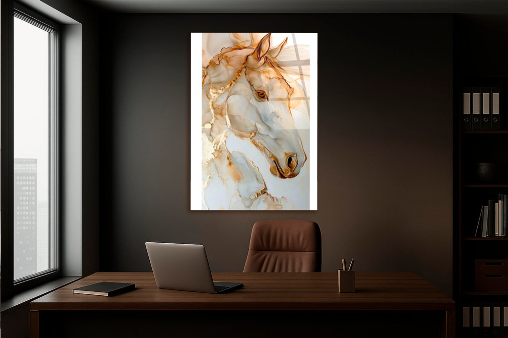 Gold Marble Horse Glass Wall Art on the wall