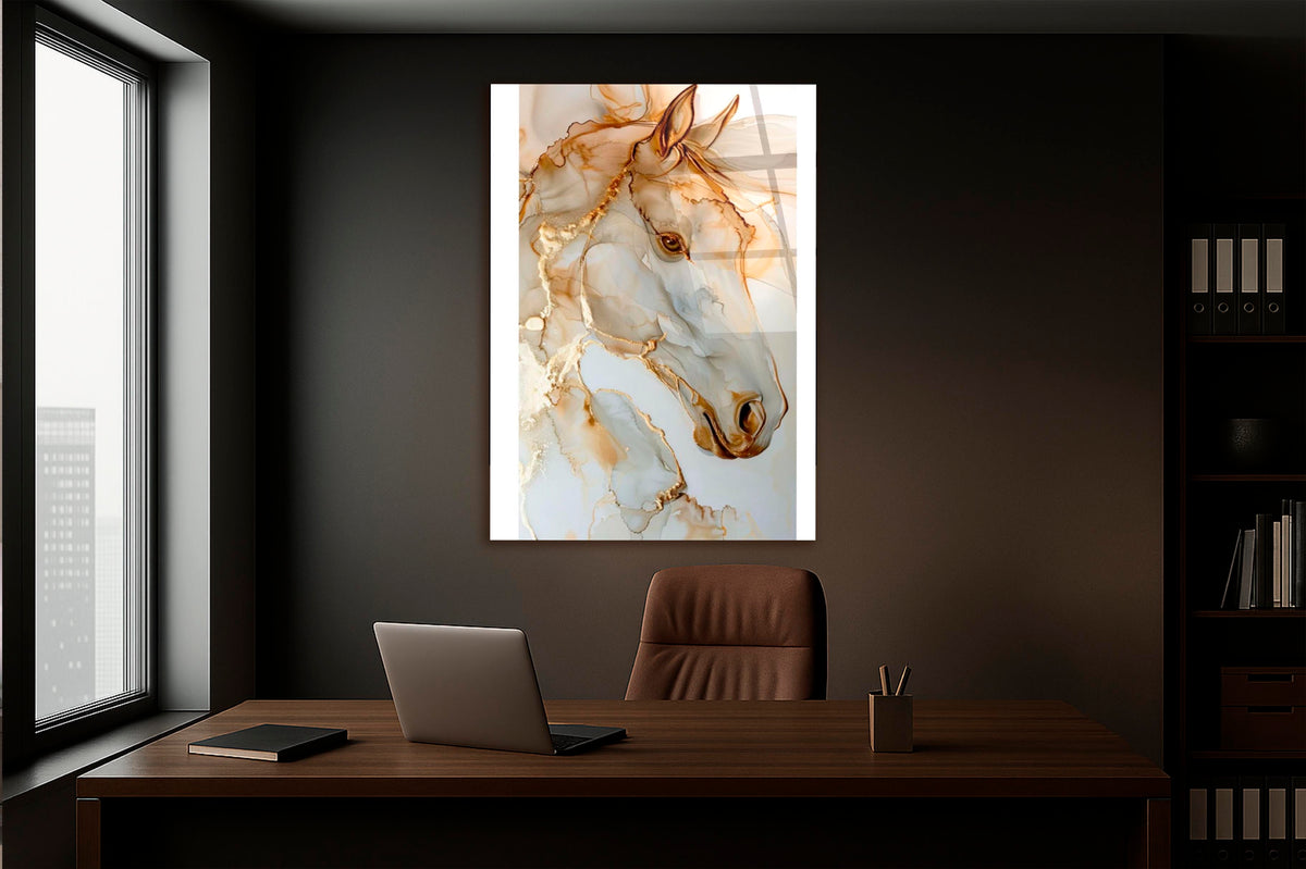 Gold Marble Horse Glass Wall Art on the wall