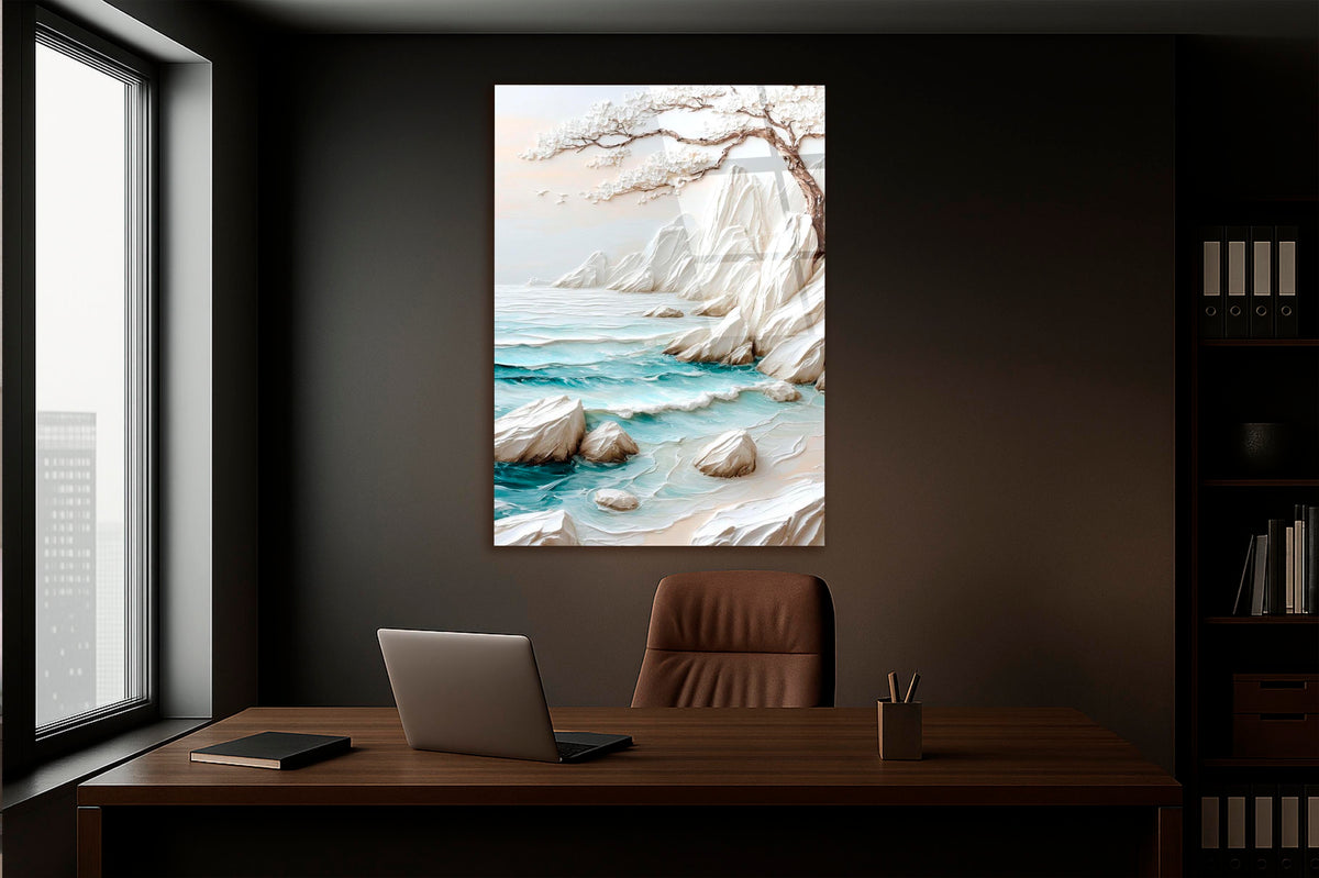 White Textured Seascape Glass Wall Art in a living room interior
