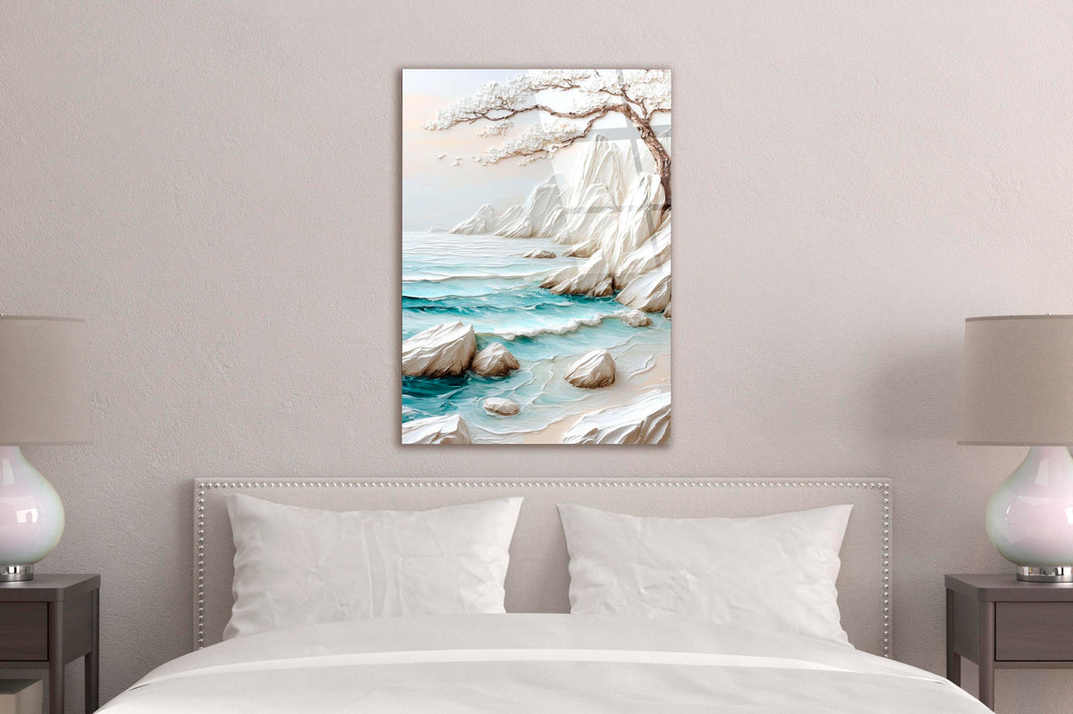 White Textured Seascape Glass Wall Art in a modern interior