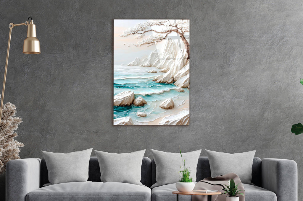 White Textured Seascape Glass Wall Art on the wall
