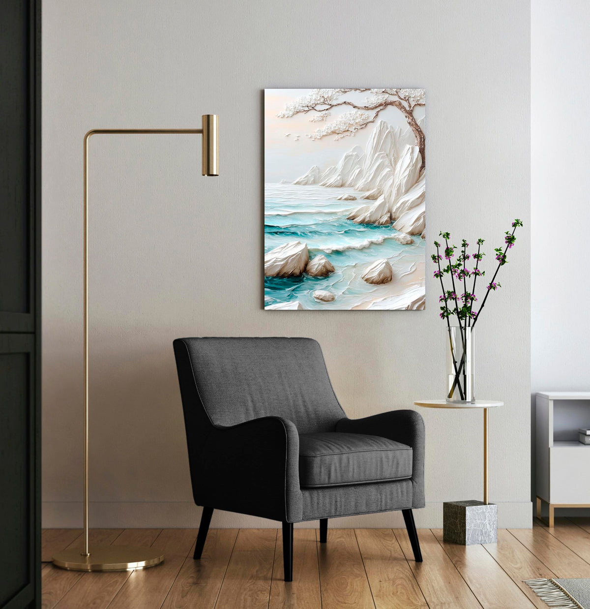 White Textured Seascape Glass Wall Art close-up
