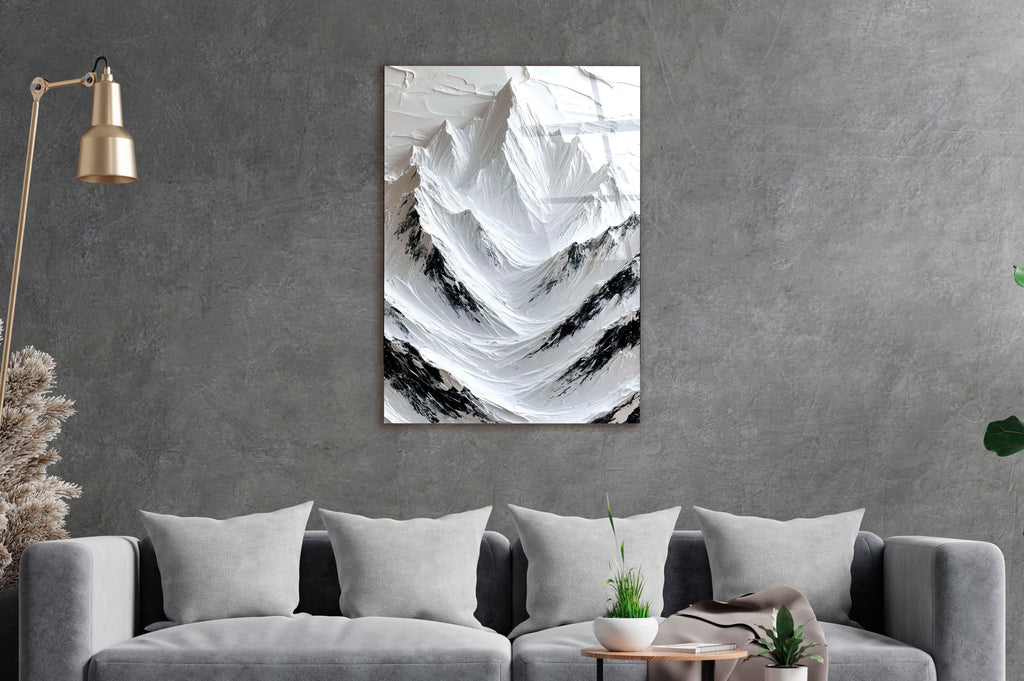 White Impasto Mountains Glass Wall Art in a living room interior