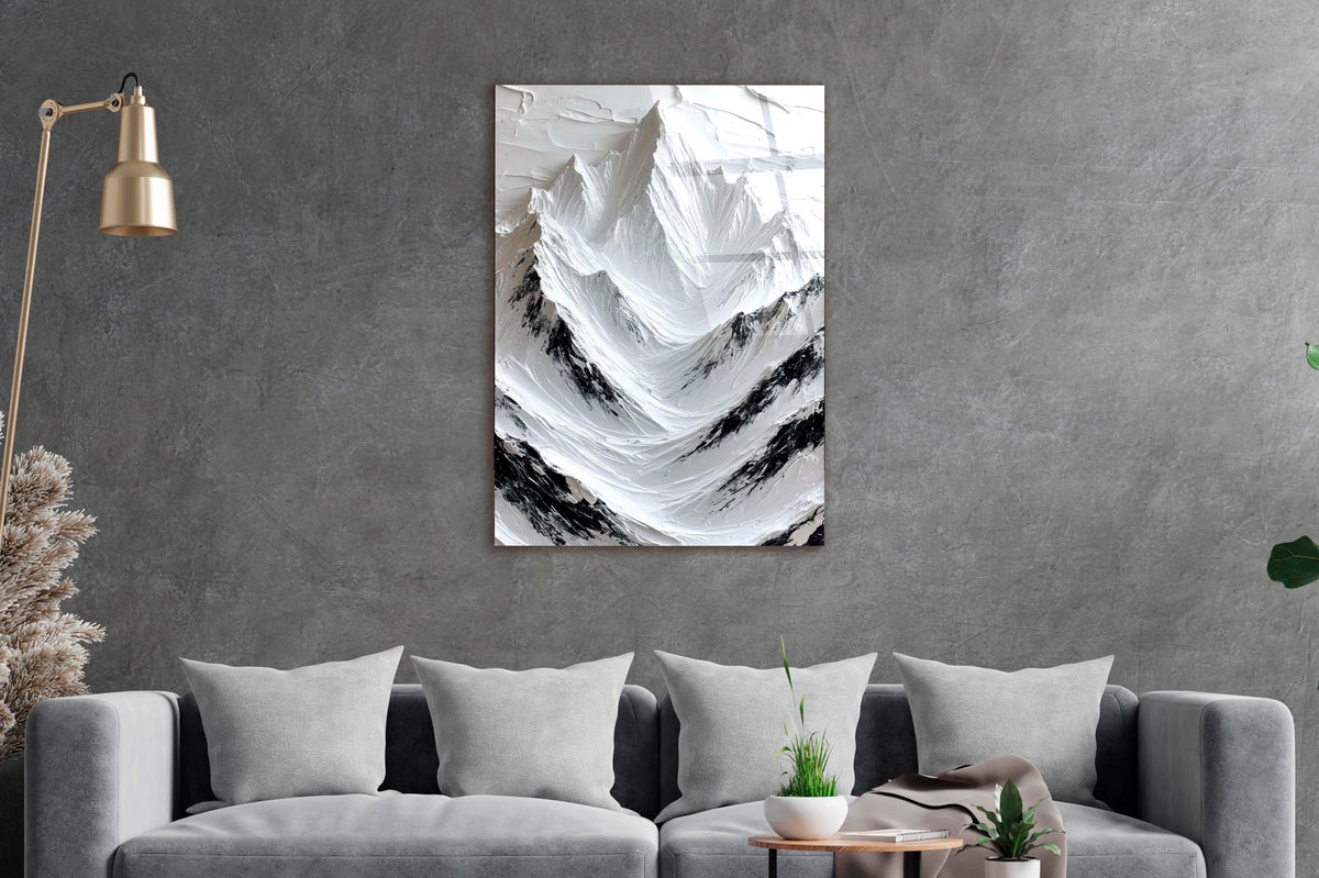 White Impasto Mountains Glass Wall Art in a living room interior