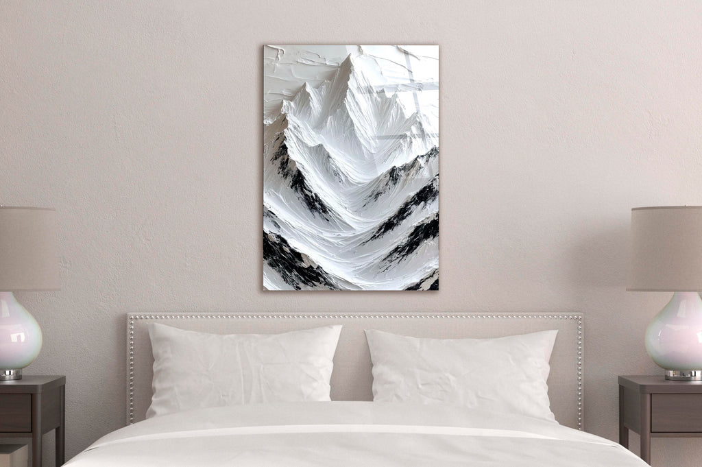 White Impasto Mountains Glass Wall Art in a modern interior