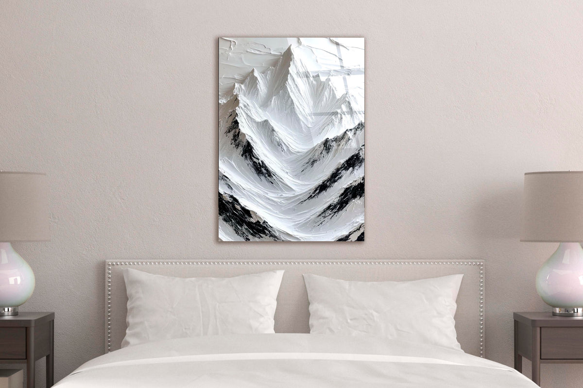 White Impasto Mountains Glass Wall Art in a modern interior