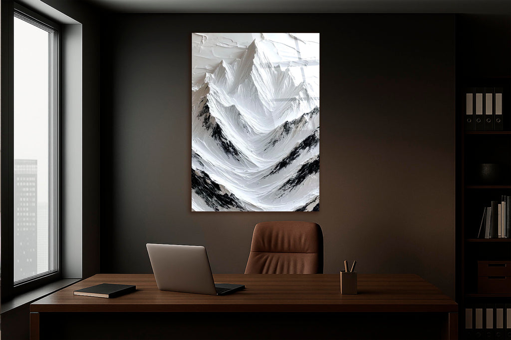 White Impasto Mountains Glass Wall Art on the wall