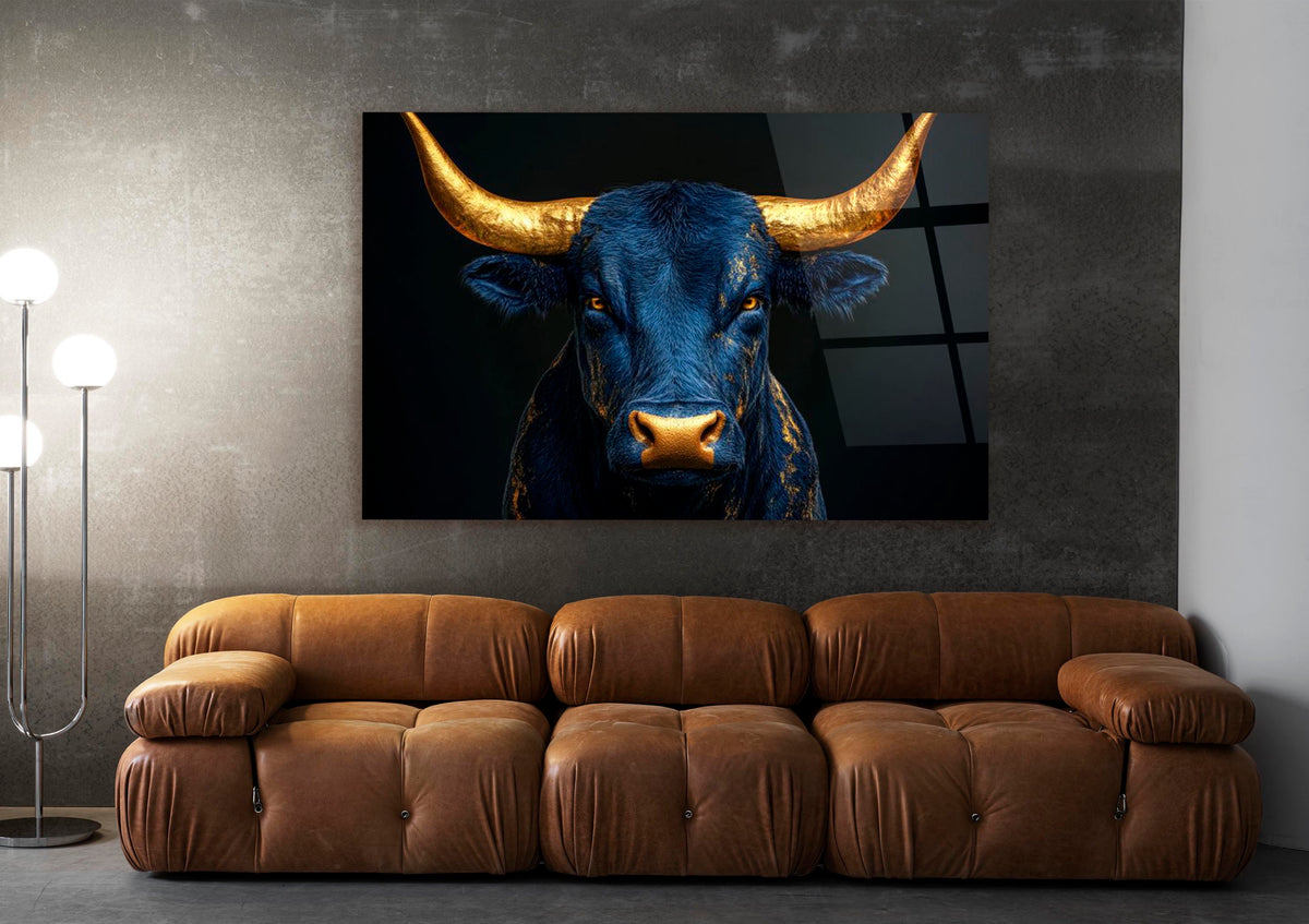 Navy Bull With Golden Horns Glass Wall Art in a living room interior