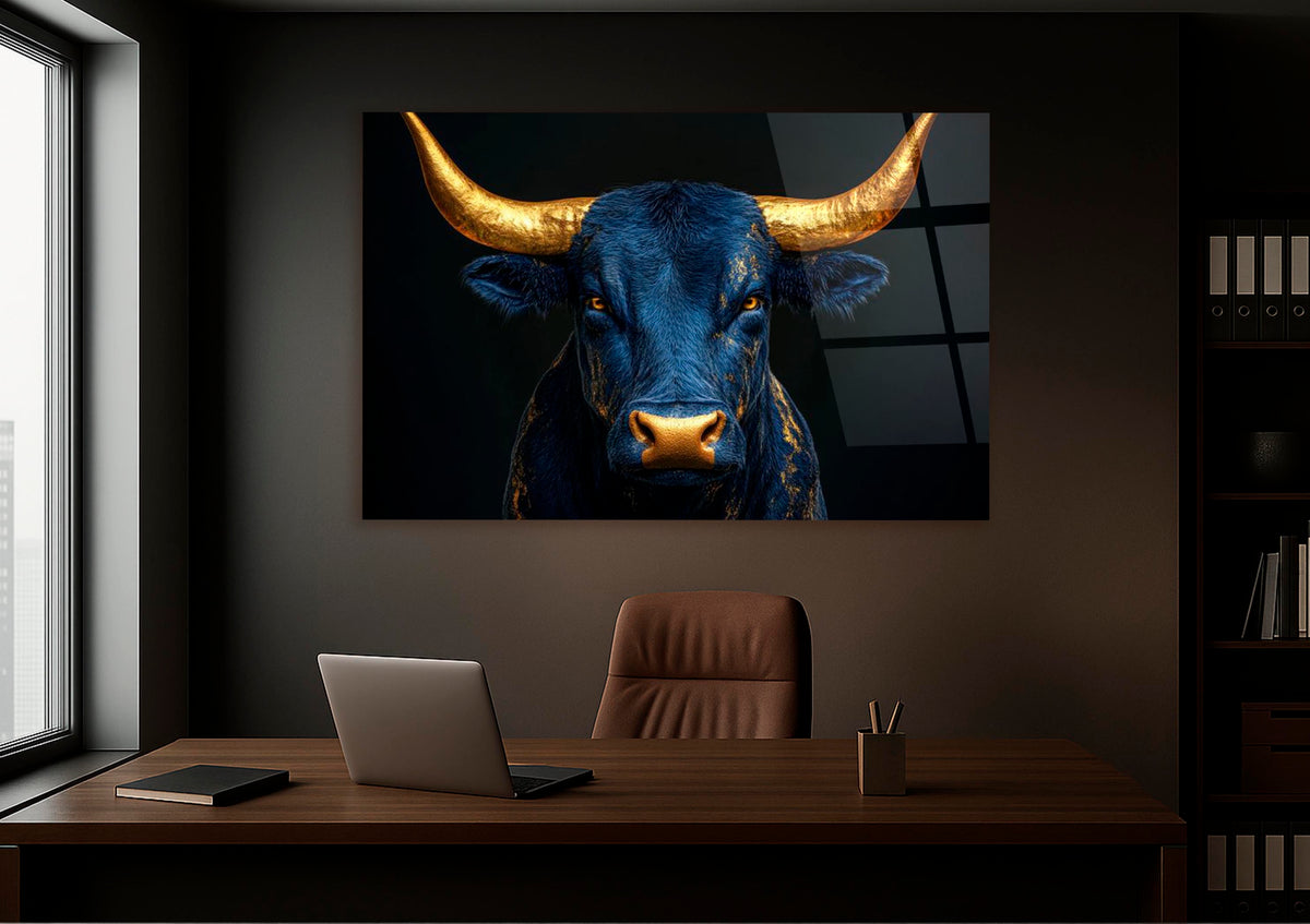 Navy Bull With Golden Horns Glass Wall Art in a modern interior