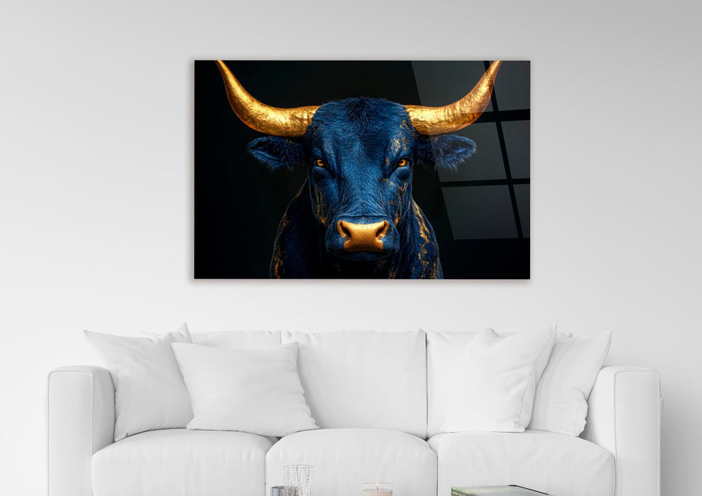Navy Bull With Golden Horns Glass Wall Art on the wall