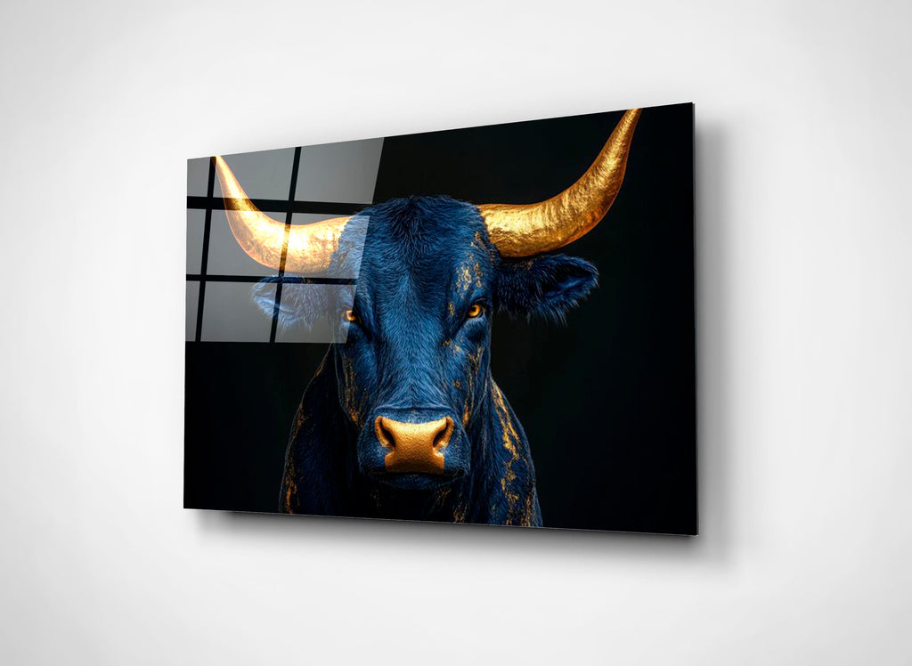 Navy Bull With Golden Horns Glass Wall Art close-up