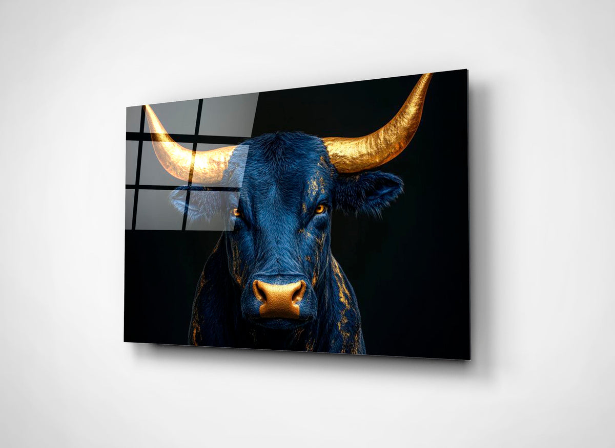 Navy Bull With Golden Horns Glass Wall Art close-up