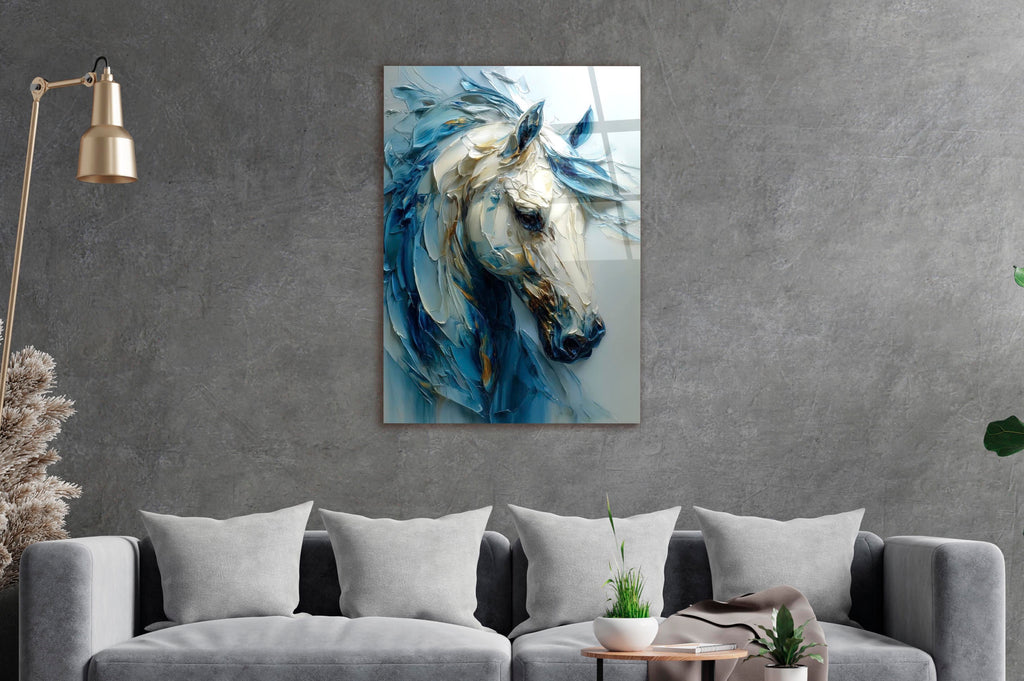 Blue and White Sculpted Horse Glass Wall Art in a living room interior