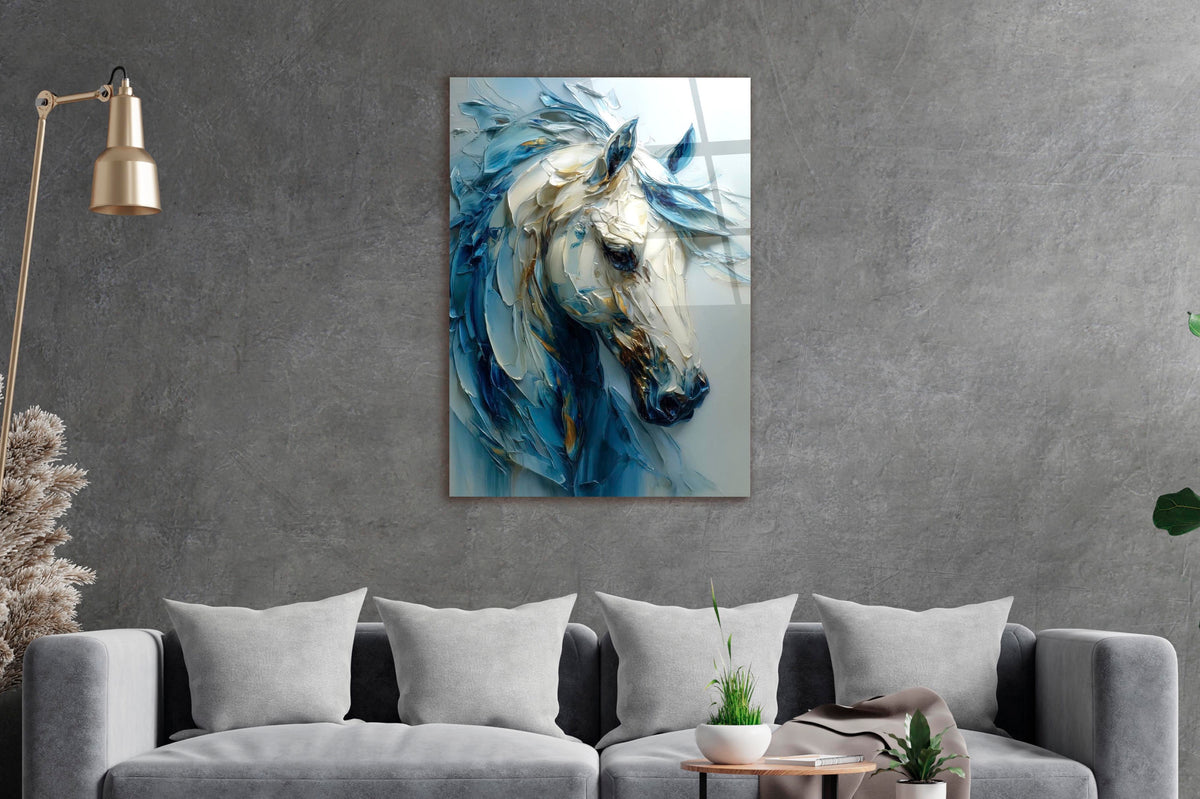 Blue and White Sculpted Horse Glass Wall Art in a living room interior