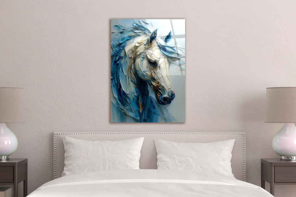 Blue and White Sculpted Horse Glass Wall Art in a modern interior