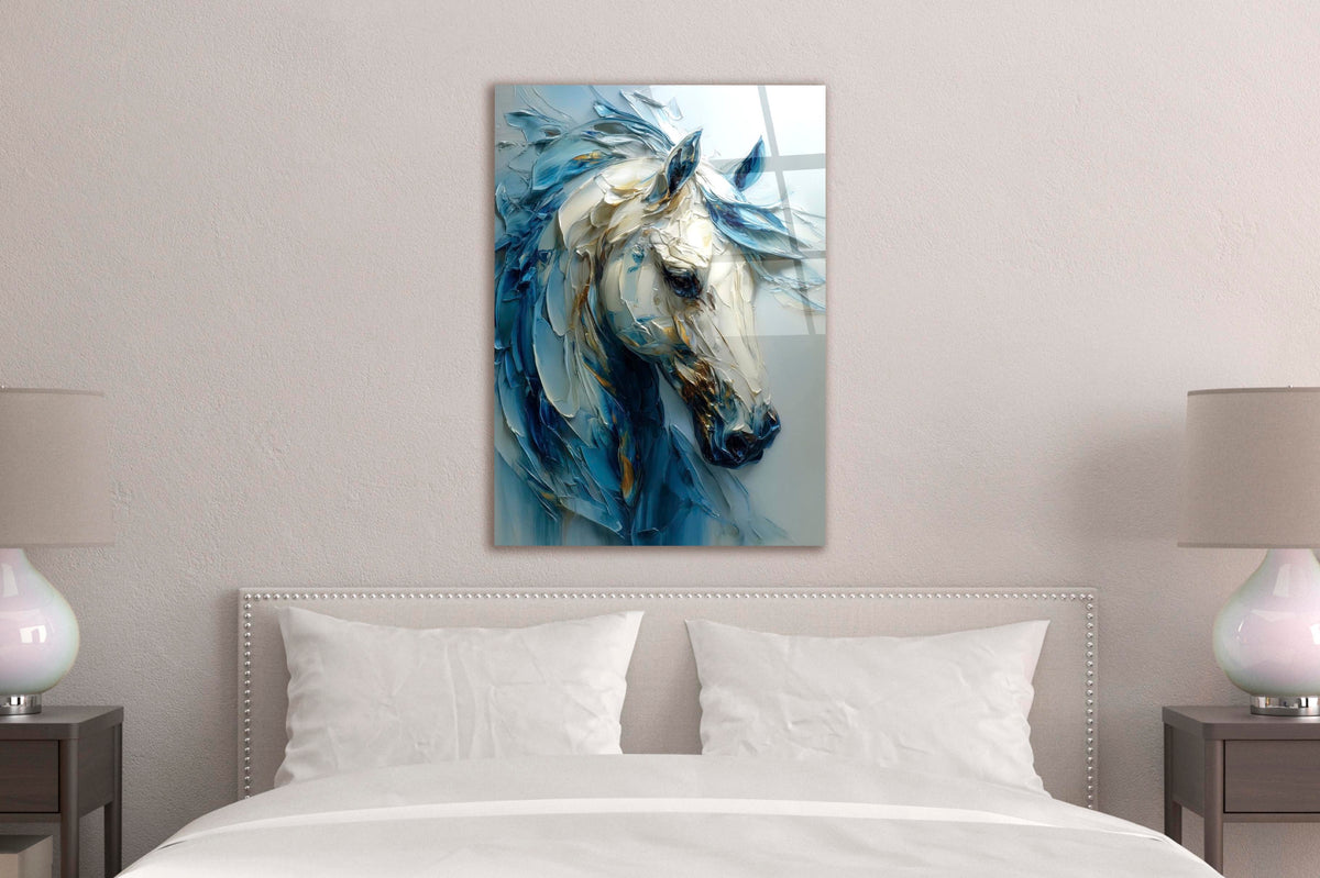 Blue and White Sculpted Horse Glass Wall Art in a modern interior