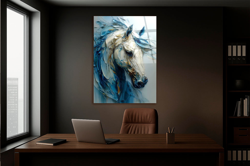 Blue and White Sculpted Horse Glass Wall Art on the wall