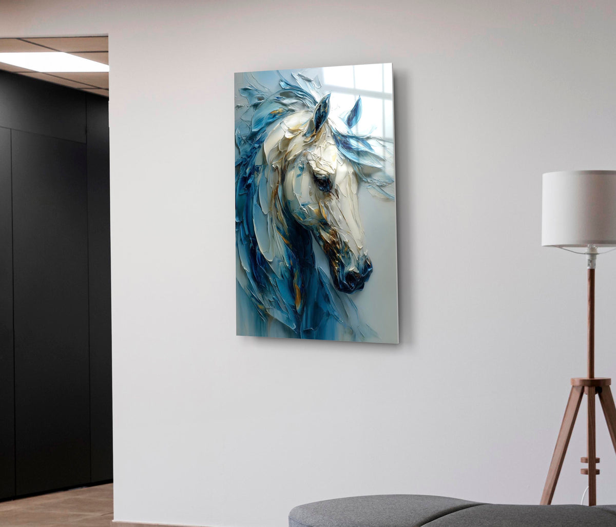 Blue and White Sculpted Horse Glass Wall Art close-up