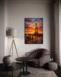 Oil Rig at Sunset Glass Wall Art in a living room interior