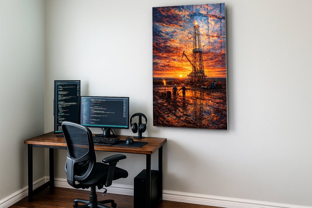 Oil Rig at Sunset Glass Wall Art in a modern interior